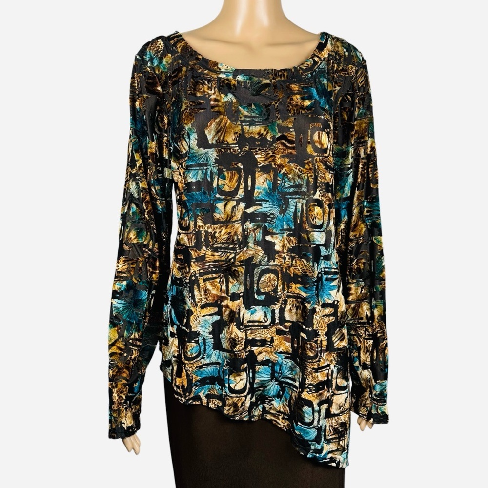 Nicole Max Velvet Burnout Long Sleeve Asymmetrical Hem Top Size L